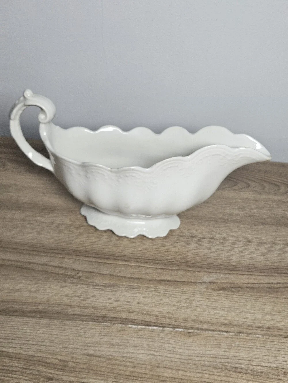 Vintage White Ceramic Gravy Boat Scalloped Embossed Scroll Handle Unmarked